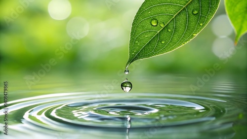 Green leaf water drop ripples - nature freshness
