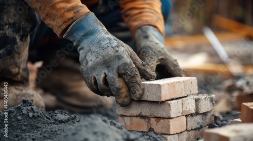 Wallpaper Mural Laborer placing bricks at a construction site. Featuring strength and teamwork Torontodigital.ca