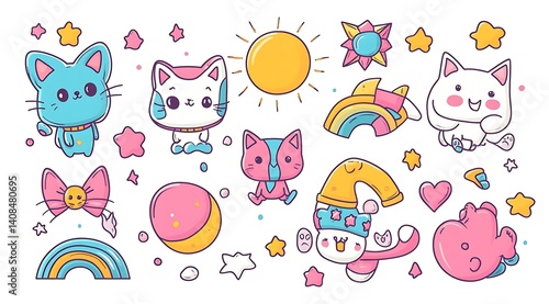 Wallpaper Mural design cute animal sticker wear suite with line color style more action in white background isolated on white,clip art ,remain space between border each corner and rainbow and toy and hat and heart
 Torontodigital.ca