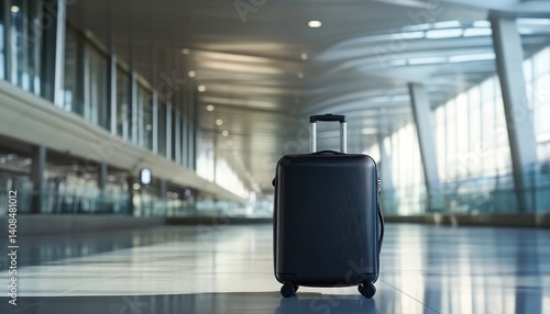 A sleek black suitcase in a modern, clean airport terminal, embodying the essence of contemporary travel and elegance