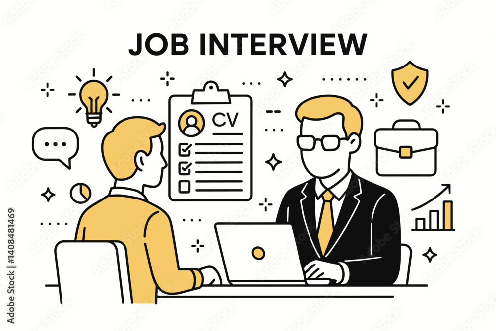 Job interview. Modern flat line art illustration. Trendy outline vector graphic elements. Creative concept. Black and yellow colors isolated on white background Job interview. Modern flat line art illustration. Trendy outline vector graphic elements. Creative concept. Black and yellow colors isolated on white background
