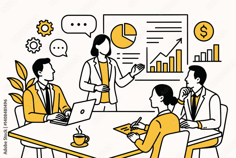 Business meeting. Modern flat line art illustration. Trendy outline vector graphic elements. Creative concept. Black and yellow colors isolated on white background Business meeting. Modern flat line art illustration. Trendy outline vector graphic elements. Creative concept. Black and yellow colors isolated on white background