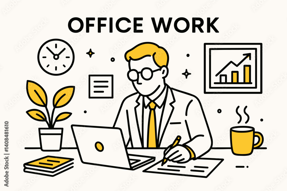 Office work. Modern flat line art illustration. Trendy outline vector graphic elements. Creative concept. Black and yellow colors isolated on white background Office work. Modern flat line art illustration. Trendy outline vector graphic elements. Creative concept. Black and yellow colors isolated on white background