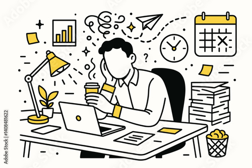 Office procrastination. Modern flat line art illustration. Trendy outline vector graphic elements. Creative concept. Black and yellow colors isolated on white background