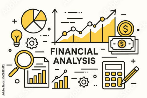 Financial analysis. Modern flat line art illustration. Trendy outline vector graphic elements. Creative concept. Black and yellow colors isolated on white background