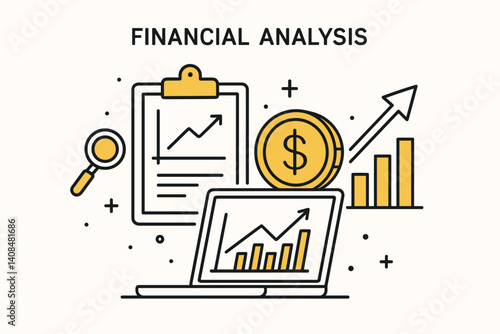 Financial analysis. Modern flat line art illustration. Trendy outline vector graphic elements. Creative concept. Black and yellow colors isolated on white background