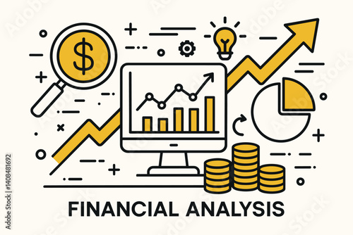 Financial analysis. Modern flat line art illustration. Trendy outline vector graphic elements. Creative concept. Black and yellow colors isolated on white background