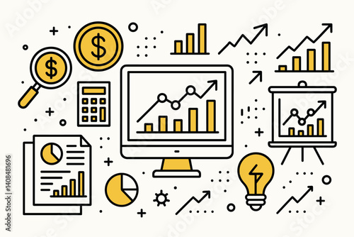 Financial analysis. Modern flat line art illustration. Trendy outline vector graphic elements. Creative concept. Black and yellow colors isolated on white background