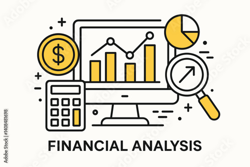 Financial analysis. Modern flat line art illustration. Trendy outline vector graphic elements. Creative concept. Black and yellow colors isolated on white background