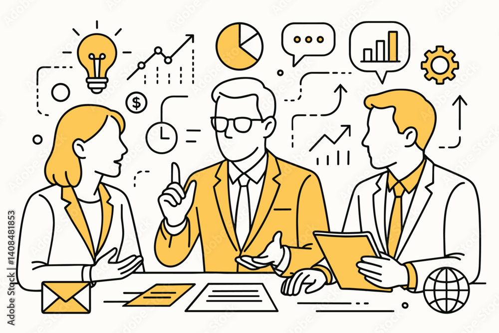 Business discussion. Modern flat line art illustration. Trendy outline vector graphic elements. Creative concept. Black and yellow colors isolated on white background Business discussion. Modern flat line art illustration. Trendy outline vector graphic elements. Creative concept. Black and yellow colors isolated on white background