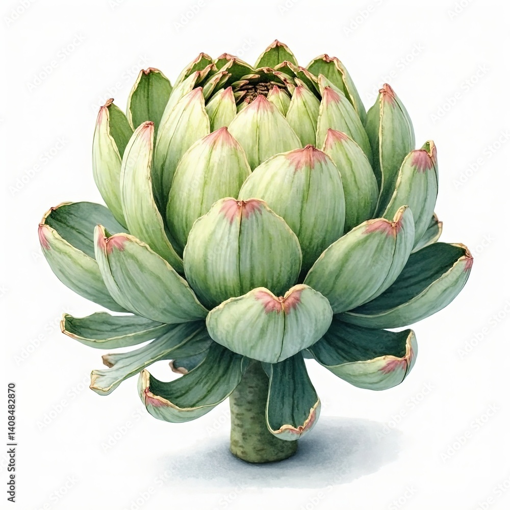 Obraz premium Watercolor illustration of a fresh artichoke with delicate green and purple bracts on white..