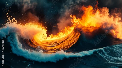 Dramatic visual of ocean wave engulfed in vibrant flames with stormy sky backdrop