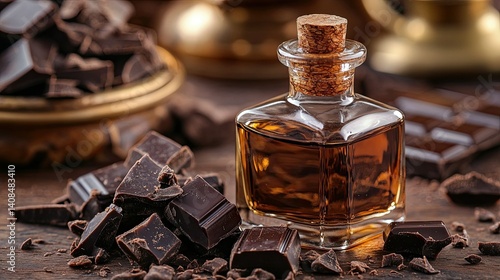 Aromatic essence in a sleek glass bottle showcased with dark chocolate chunk
