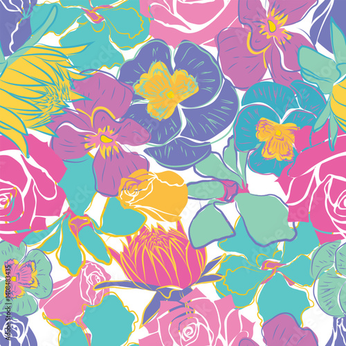 Dahlia, Iris, Rose, pansy flowers vector pattern, stylized seamless abstract flowers. Vector hand drawn. Elegant colorful pastels on white background