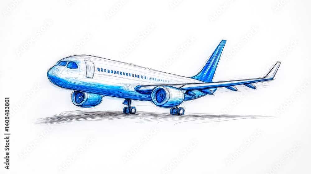 Blue and white passenger airplane sketch taking off Blue and white passenger airplane sketch taking off