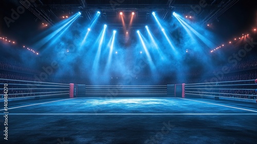 A wrestling arena, brightly lit by vibrant spotlights, stands ready for action, the empty ring poised for the excitement and drama of the upcoming bouts