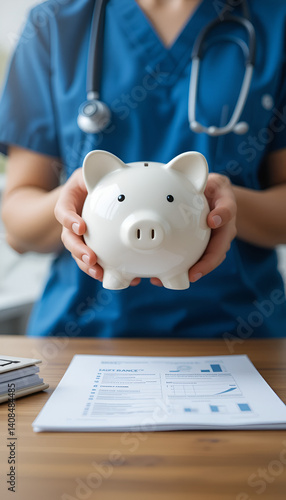 Nurse or doctor with stethoscope holding piggy bank in hand. Concept of medical expenses, finance, saving money, health insurance, medicine, donation and pension. Healthcare service cost.