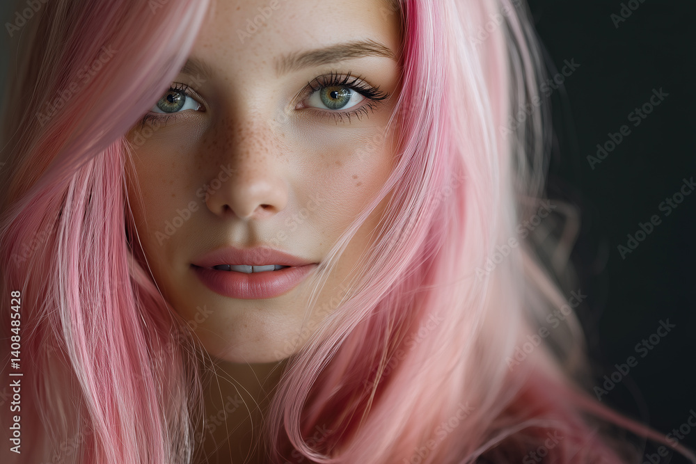 portrait of a stunning 30-year-old female model, long flowing pink hair, flawless skin, mesmerizing eyes, natural makeup portrait of a stunning 30-year-old female model, long flowing pink hair, flawless skin, mesmerizing eyes, natural makeup