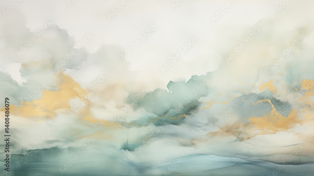 Obraz premium Abstract painting of clouds with gold accents and soft pastel colors in a dreamy sky landscape view