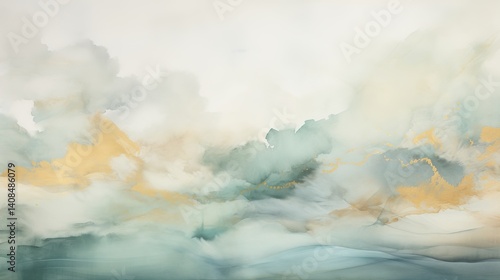 Abstract painting of clouds with gold accents and soft pastel colors in a dreamy sky landscape view