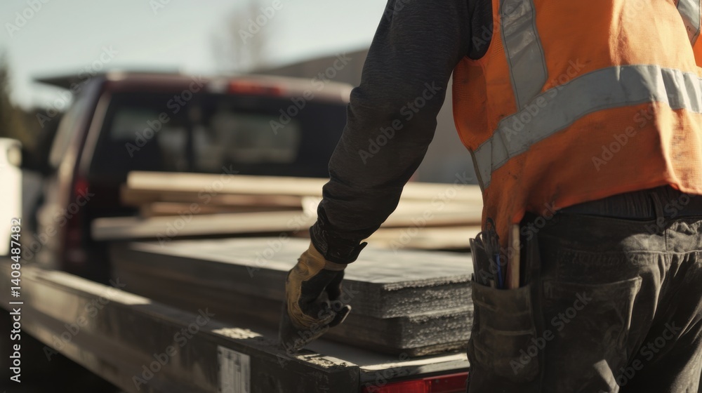 Laborer unloading materials from a truck at a construction site. Featuring teamwork and strength Laborer unloading materials from a truck at a construction site. Featuring teamwork and strength