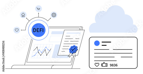 Digital finance interface with blockchain icon, charts, verified document, and user engagement. Ideal for fintech, blockchain, innovation, trust, decentralized apps technology simple landing page
