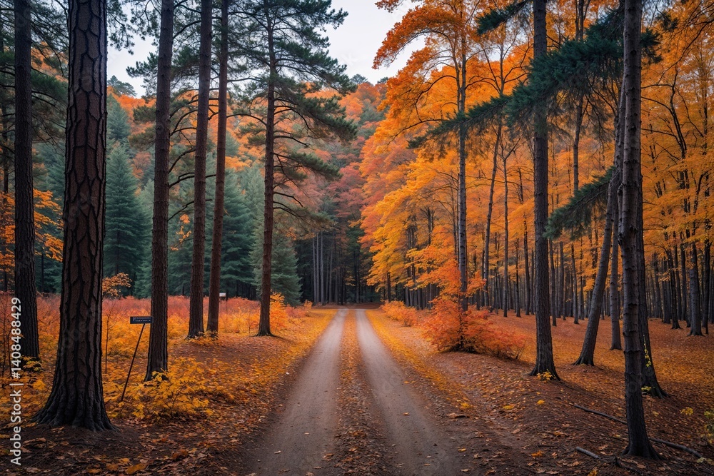 Fototapeta premium Picturesque Autumn Pine Forest Hiking Trail in Beautiful Scenic Park