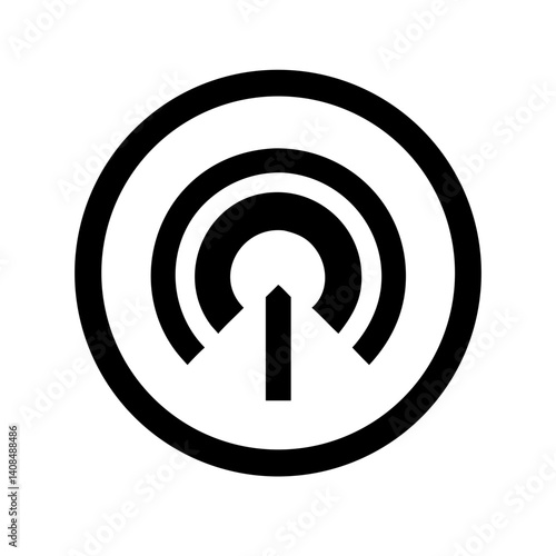 A circular black and white icon representing wireless connectivity, ideal for use in technology, telecommunications, and networking designs.