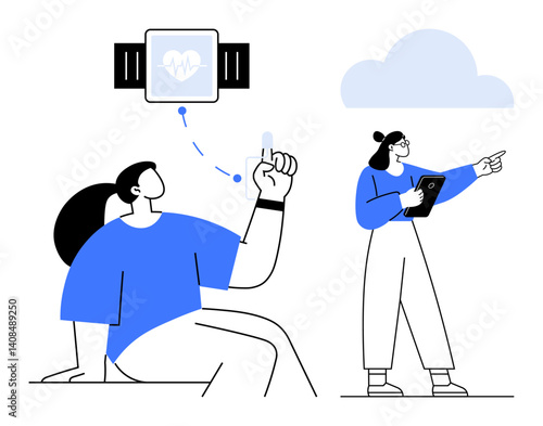 Person checking smartwatch health data, wearable device interface, collaborative discussion. Ideal for health, fitness, technology, innovation, teamwork, digital health simple landing page