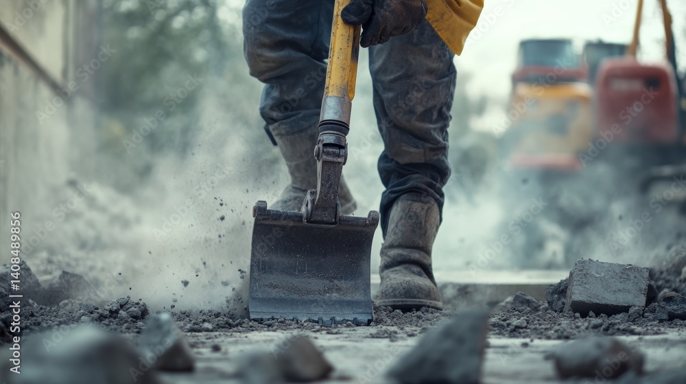 Demolition worker operating a jackhammer on concrete pavement. Featuring power and precision Demolition worker operating a jackhammer on concrete pavement. Featuring power and precision