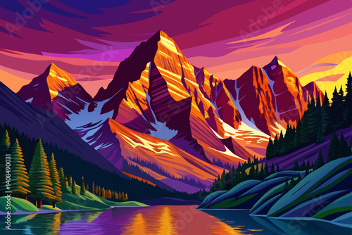 Maroon Bells and Maroon Lake at sunset time with amazing sky, White River National Forest cartoon design Flat style illustration vector, Colorado