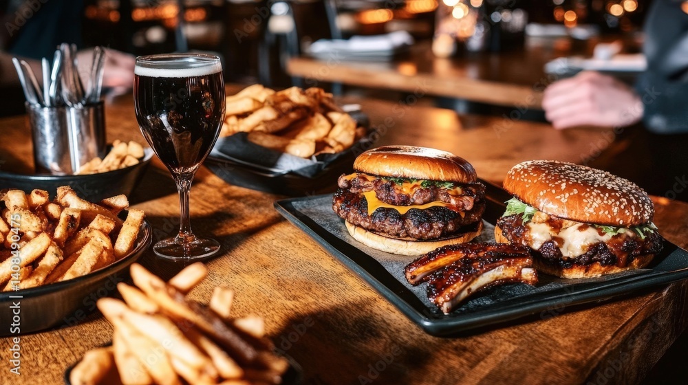 Sharing delicious burgers and french fries with dark beer at restaurant Sharing delicious burgers and french fries with dark beer at restaurant