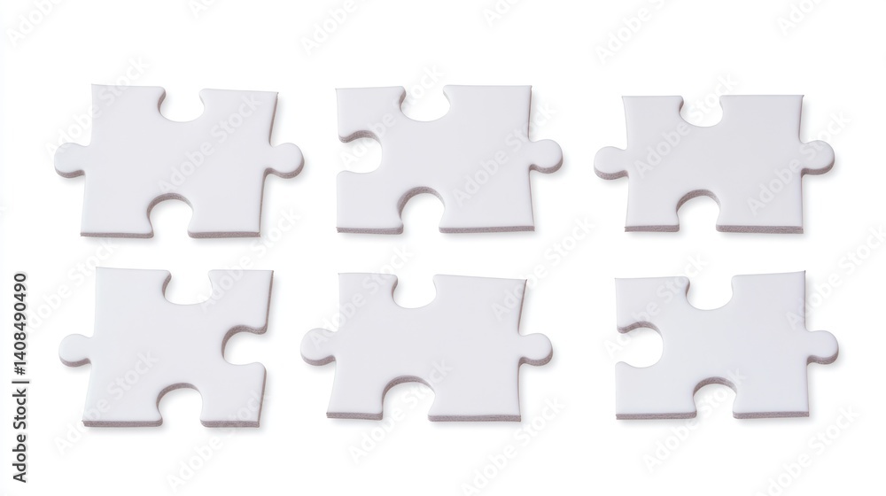 Four blank white jigsaw puzzle pieces arranged on a white background, with ample space for custom text or creative designs Four blank white jigsaw puzzle pieces arranged on a white background, with ample space for custom text or creative designs