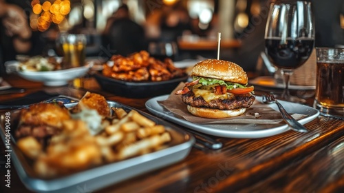 Delicious burger with garnish and side dishes served on restaurant table
