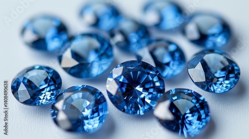 Sparkling Blue Sapphires A Collection of Round Faceted Gemstones on a White Background