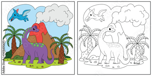 cute cartoon dinosaur, funny illustration, coloring book for kids and children.