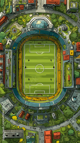 Top-down vector illustration of a football stadium surrounded by city buildings, trees, and roads, showcasing a vibrant urban sports environment