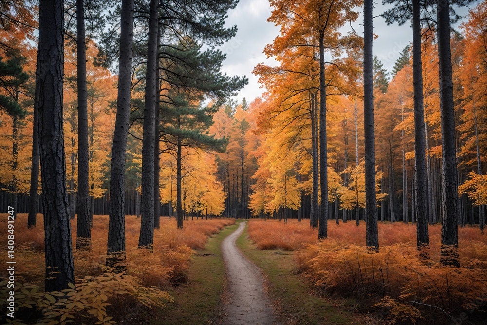 Fototapeta premium Serene Pine Trail in Finnish Arboretum Enjoy Autumn Woodland Views
