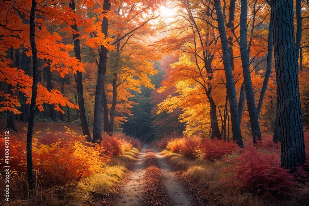 Obraz premium Enchanting Autumn Forest Scene with Sunlit Trail and Vibrant Foliage