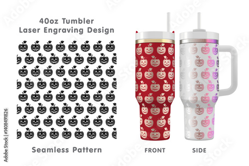 Halloween pumpkin tileable pattern. Seamless laser engraving design for 40oz tumbler. Full tumbler wrap. Vector illustration.