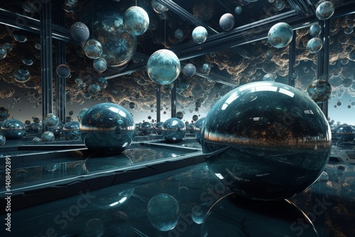 A planet covered in infinite mirrors reflecting the cosmos, surreal depth