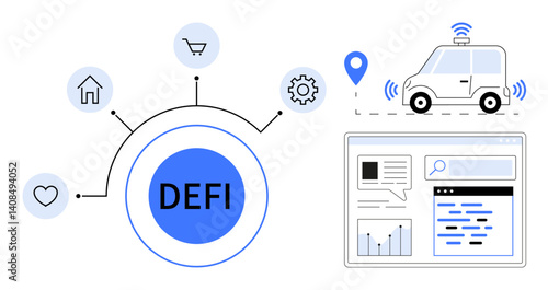 Circular DeFi diagram connecting key icons home, cart, cog, heart, connected car with navigation, web dashboard of analytics and trends. Ideal for finance, automation, blockchain IoT economic