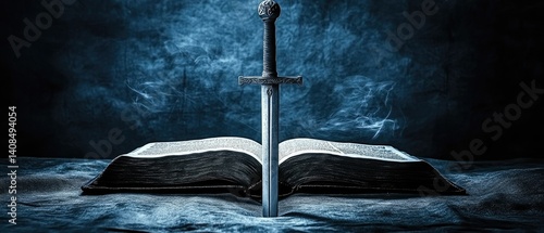 Ancient scripture, a sword of light, lies open.