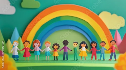 Rainbow-colored paper figures, each representing diverse individuals, join hands in a powerful representation of unity and inclusion, set against a cheerful school background
