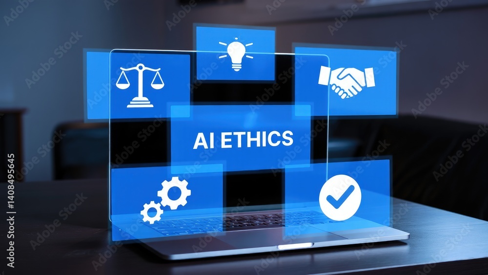 Fototapeta premium AI Ethics and Governance in Artificial Intelligence. A person working on laptop with icons representing ethics, law, and governance in AI, importance of responsible AI usage, ethical decision-making,