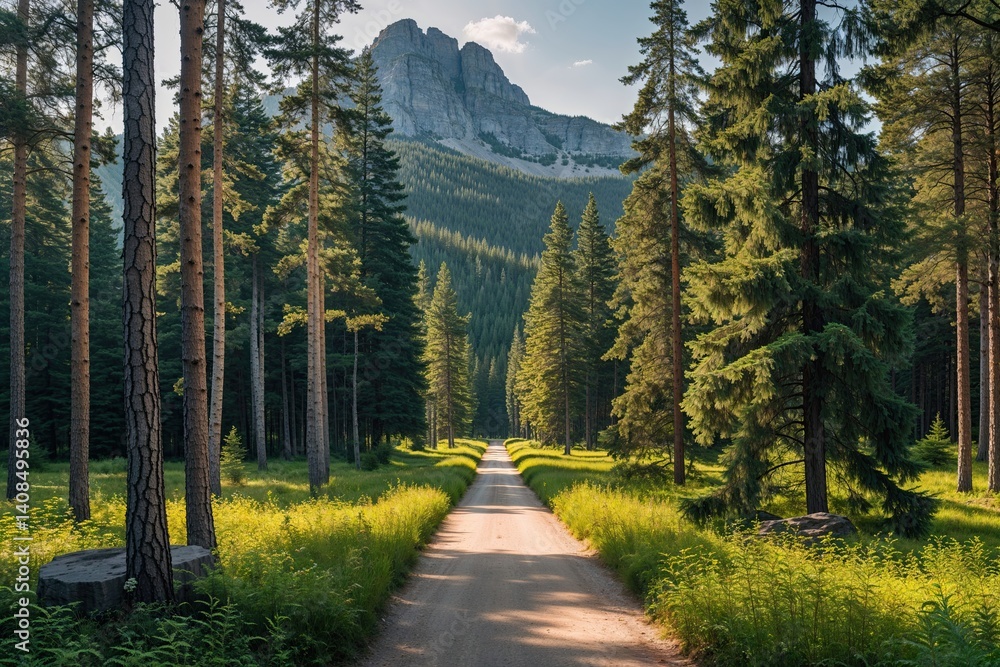 Scenic Summer Pine Forest Pathway in Enchanting Northern Park Scenic Summer Pine Forest Pathway in Enchanting Northern Park