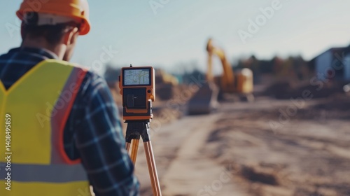 Surveyor using a GPS tool to measure land at a construction site. Featuring modern technology and precision
