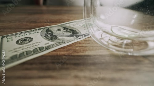 Adult male hand putting money on wooden surface. Focus on US currency. Scene implies tip, gift, or family support.