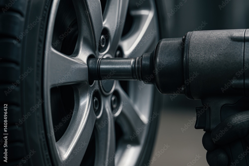 Close-up of a mechanic tightening a car wheel lug nut with an impact wrench in a professional garage environment.
Close-up of a mechanic tightening a car wheel lug nut with an impact wrench in a professional garage environment.