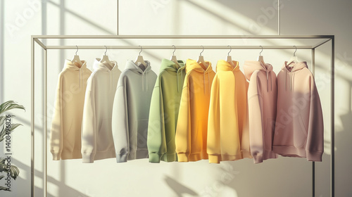 Wallpaper Mural Trendy hoodies hanging on a rack, positioned near a soft, light wall in the room.

 Torontodigital.ca
